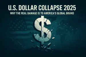 U.S. dollar crumbling with global finance icons fading