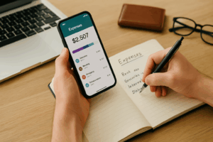 A person sits at a wooden desk tracking expenses using a smartphone budgeting app and an open notebook, with a pen in hand and receipts nearby, conveying personal finance management and organization.